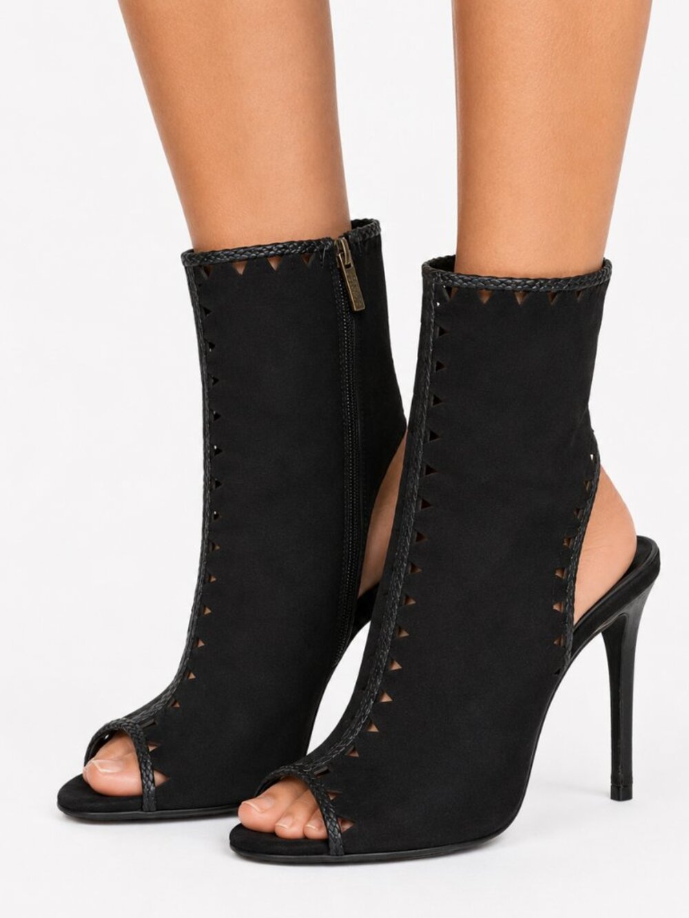 Tamara Mellon Sunkiss Black Suede Peep Toe Booties Italy Luxe Women's 7.5